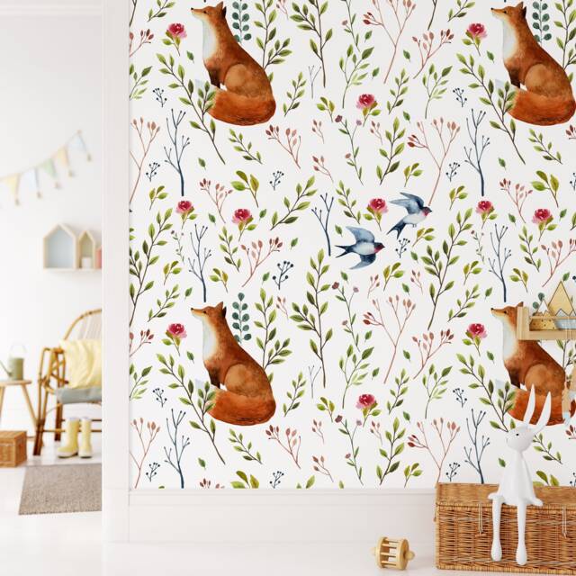 Into The Woodlands Wall Mural, Forest Animals Wallpaper, Fox, Birds & Flowers D??cor, Nursery Room D??cor - image 1