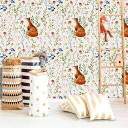 Into The Woodlands Wall Mural, Forest Animals Wallpaper, Fox, Birds & Flowers D??cor, Nursery Room D??cor - thumbnail 3