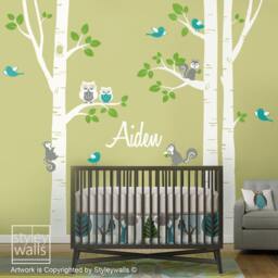 Birch Trees Nursery Wall Decal, Forest Animals & Owsl Squirrels Birds Sticker For Kids Baby Room Decor - thumbnail 3