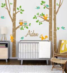 Birch Trees Nursery Wall Decal, Forest Animals & Owsl Squirrels Birds Sticker For Kids Baby Room Decor