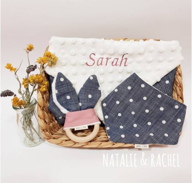Baby Personalised Blanket , Denim Bib, Wooden Toy, Shower Gift, Gift Set, Security - image 1