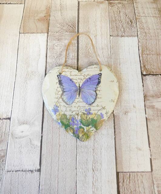 Purple Butterfly Slate Heart Plaque Vintage Decoupage Wall Art - image 1