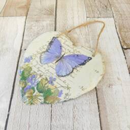 Purple Butterfly Slate Heart Plaque Vintage Decoupage Wall Art - thumbnail 3