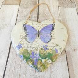 Purple Butterfly Slate Heart Plaque Vintage Decoupage Wall Art - thumbnail 2
