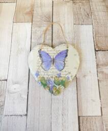 Purple Butterfly Slate Heart Plaque Vintage Decoupage Wall Art - thumbnail 1