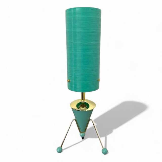 Mid Century Modern Rocket Lamp - Atomic Space Age Sputnik Design British Made Tripod Legs Turquoise Spun Fiberglass Shade - image 1