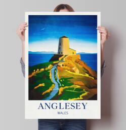 Anglesey Travel Poster - English Coastal Lighthouse Print Twr Mawr North Wales Isle Of Vintage - thumbnail 1
