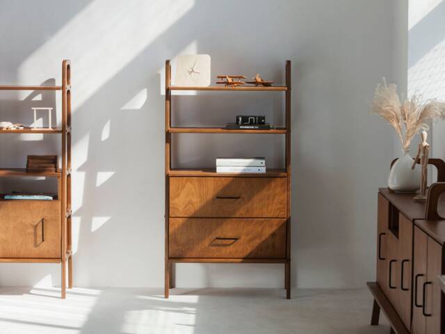 storage Bookcase 140 cm, Bookshelf With Two Drawers, Mid Century Modern Shelving Unit, Wooden, Handmade, Custom Size - image 1