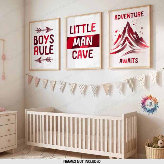 Boys Rule Print - Set Of 3 Posters - Little Man Cave Room Decor Bedroom Prints Playroom Poster Gift Red Boyhood Wall Art - image 1