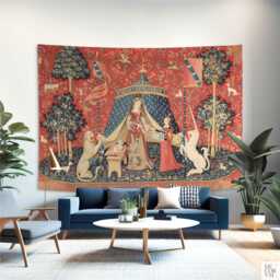 Medieval Room Wall Decor The Lady & The Unicorn Tapestry Printed On Cotton Fabric
