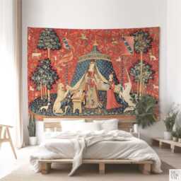 Medieval Room Wall Decor The Lady & The Unicorn Tapestry Printed On Cotton Fabric - thumbnail 4