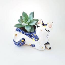 Cat Succulent Planter, Ceramic Plant Pot, Home Decor, Mini Cute Desk Gift - thumbnail 2