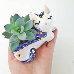 Cat Succulent Planter, Ceramic Plant Pot, Home Decor, Mini Cute Desk Gift - thumbnail 3