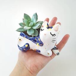 Cat Succulent Planter, Ceramic Plant Pot, Home Decor, Mini Cute Desk Gift - thumbnail 4