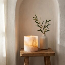 Egyptian Alabaster Candle Holder - Hand-Carved Natural Stone - 10 ??10 cm - thumbnail 4