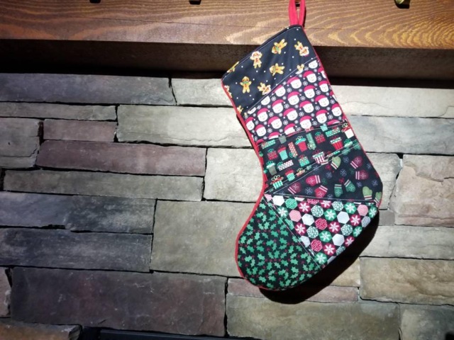 Red & Green Patchwork Christmas Stocking Ooak Black Quilted #2 - image 1