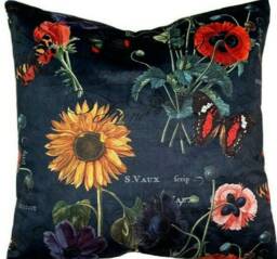 Poppy Fields Italian Velvet Cushion Cover Retro Design Navy Blue Yellow Sunflower Anemone Butterfly - thumbnail 1