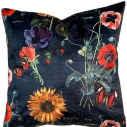 Poppy Fields Italian Velvet Cushion Cover Retro Design Navy Blue Yellow Sunflower Anemone Butterfly - thumbnail 2