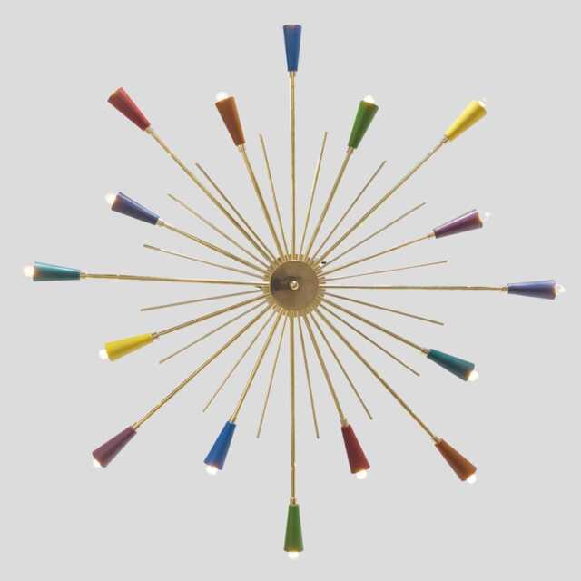 Mid-Century Modern Brass Sputnik Chandelier, Multi-Color Shades - image 1