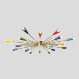 Mid-Century Modern Brass Sputnik Chandelier, Multi-Color Shades - thumbnail 2
