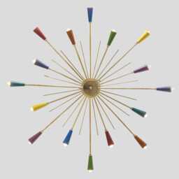 Mid-Century Modern Brass Sputnik Chandelier, Multi-Color Shades - thumbnail 1