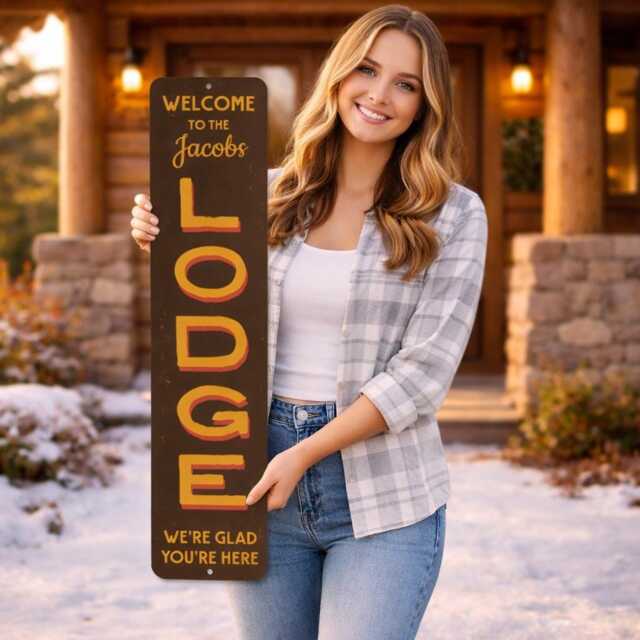 Welcome Lodge Metal Sign - Rustic Cabin Decor Personalized Ski Vertical Wall Art Cozy Retreat Entrance - image 1