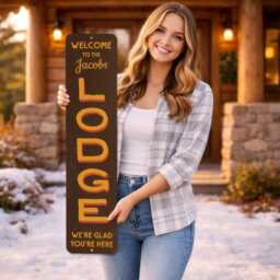 Welcome Lodge Metal Sign - Rustic Cabin Decor Personalized Ski Vertical Wall Art Cozy Retreat Entrance - thumbnail 1