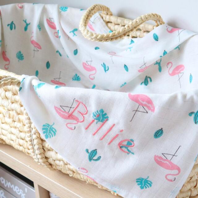 Personalised Baby Swaddle Blanket, Flamingo Large Bamboo Muslin, Embroider Baby Name For Perfect New Girl, Mum Or Shower Gift - image 1