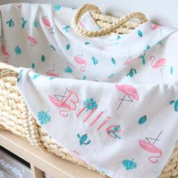 Personalised Baby Swaddle Blanket, Flamingo Large Bamboo Muslin, Embroider Baby Name For Perfect New Girl, Mum Or Shower Gift - thumbnail 1