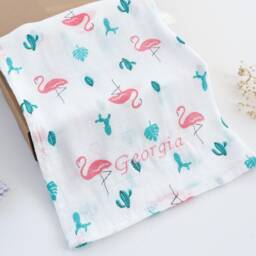 Personalised Baby Swaddle Blanket, Flamingo Large Bamboo Muslin, Embroider Baby Name For Perfect New Girl, Mum Or Shower Gift - thumbnail 2