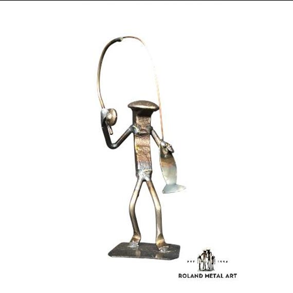 Fisherman - Metal Art Fisherman Figurine Railroad Spike Art Fishing Lunker Fish - image 1