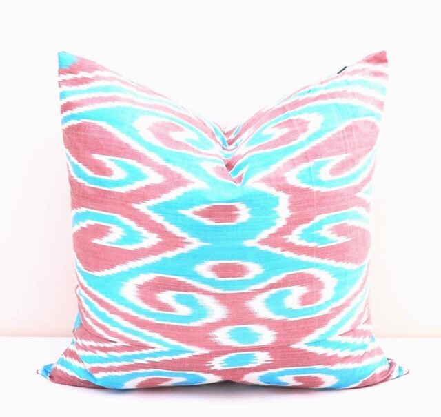 Blue Ikat Pillow Cover, Handloom Silk Cotton Cushion - 20x20 In - image 1