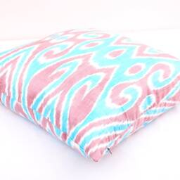 Blue Ikat Pillow Cover, Handloom Silk Cotton Cushion - 20x20 In - thumbnail 2