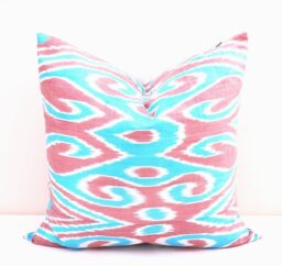 Blue Ikat Pillow Cover, Handloom Silk Cotton Cushion - 20x20 In - thumbnail 1