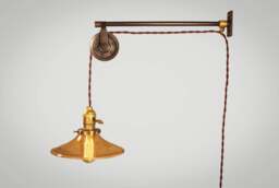 Vintage Industrial Pulley Lamp with Amber Glass Shade - Wall Mount Light Steampunk Pharmacy - thumbnail 1
