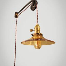 Vintage Industrial Pulley Lamp with Amber Glass Shade - Wall Mount Light Steampunk Pharmacy - thumbnail 3