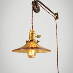 Vintage Industrial Pulley Lamp with Amber Glass Shade - Wall Mount Light Steampunk Pharmacy - thumbnail 2