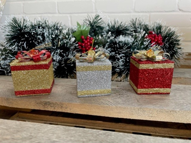 Christmas Glitter Present Box Hanging Tree Decorations Or Craft, Presents With Ribbon & Jewel Details in Red, Gold, Silver - image 1