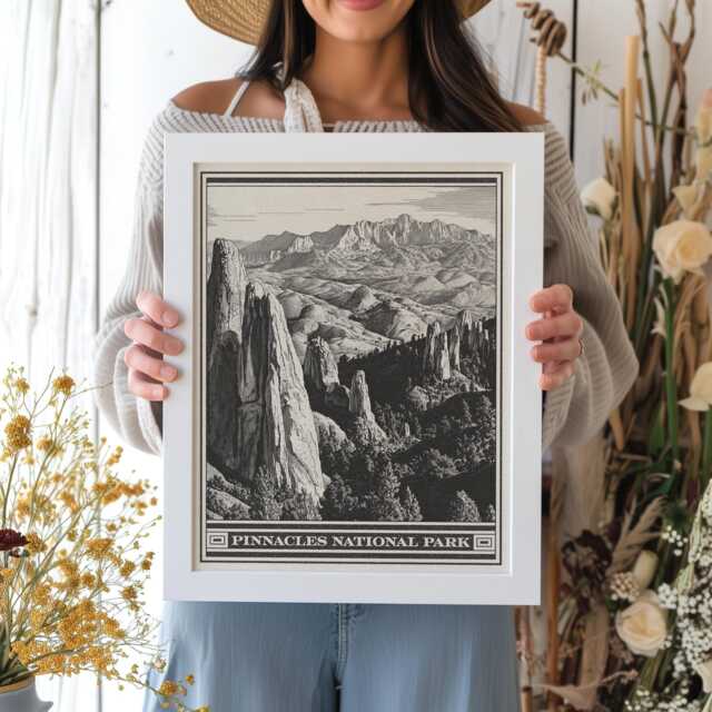 Pinnacles National Park Lithograph Style Print - Vintage California Archival Matte Fine Art Print. Salinas Valley Pacific Coast Ranges Gift - image 1
