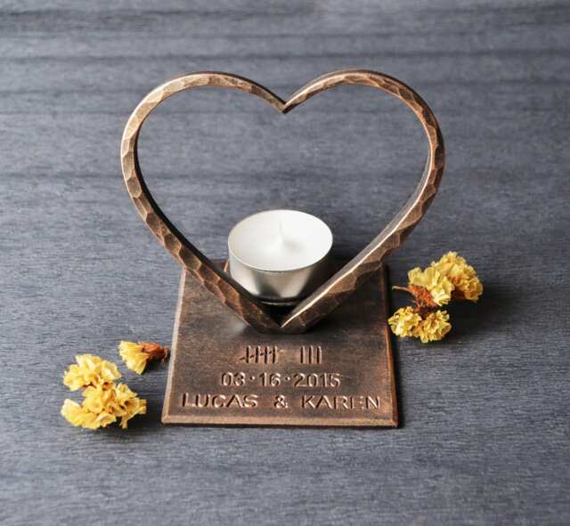 Bronze Heart For 8Th Anniversary, Hand Forged Candle Holder, Personalized Anniversary Gift, 8Th Gift Wife, Candle Holder - image 1
