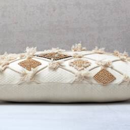 Cream Embroidered Lumbar Pillow Cover, Boho Cushion With Shells, Tassels & Wood Beads, 12x24 - thumbnail 4