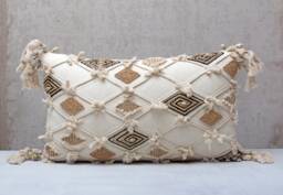 Cream Embroidered Lumbar Pillow Cover, Boho Cushion With Shells, Tassels & Wood Beads, 12x24