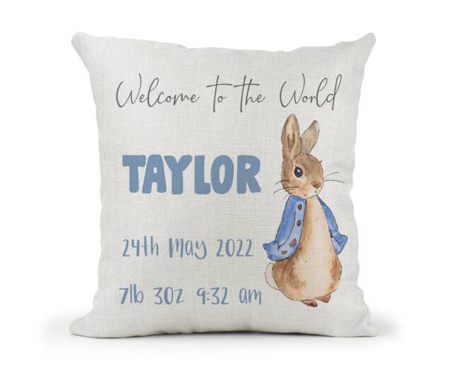 Personalised Peter Rabbit Cushion.boys Welcome New Baby Christening Gift, New Keepsake , Bedroom Decor - image 1