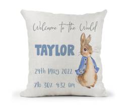Personalised Peter Rabbit Cushion.boys Welcome New Baby Christening Gift, New Keepsake , Bedroom Decor - thumbnail 1