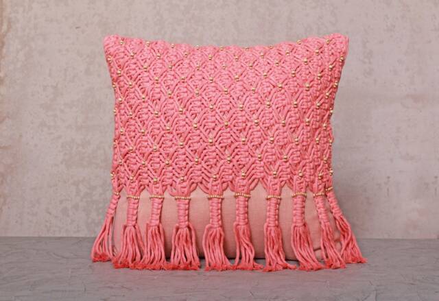 Coral Pink Cotton Macrame Bohemian, Bali Style Pillow Cover, Decorative Handmade Throw Cover, Embroidered Cover Wlcc043 - image 1