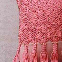 Coral Pink Cotton Macrame Bohemian, Bali Style Pillow Cover, Decorative Handmade Throw Cover, Embroidered Cover Wlcc043 - thumbnail 2