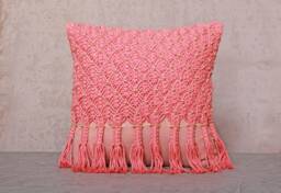 Coral Pink Macrame Pillow Cover, Handmade Cotton Boho Cushion, 18x18 Decorative Throw