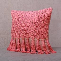 Coral Pink Cotton Macrame Bohemian, Bali Style Pillow Cover, Decorative Handmade Throw Cover, Embroidered Cover Wlcc043 - thumbnail 3