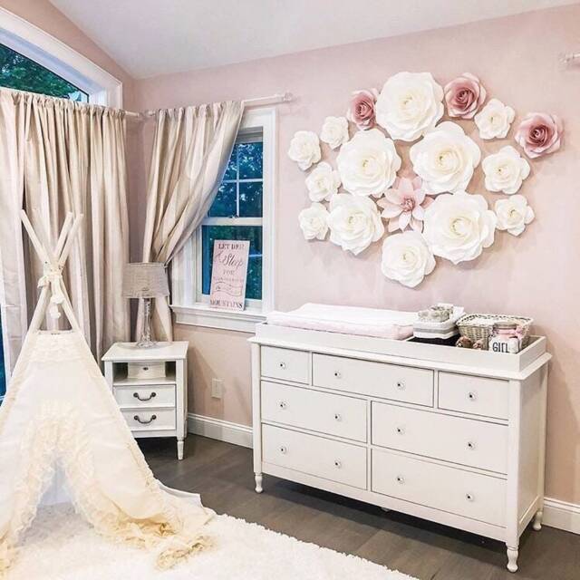 Nursery Paper Flowers Wall Decor, White & Blush Pink - Girl Room Decor Baby Shower Decorations - image 1