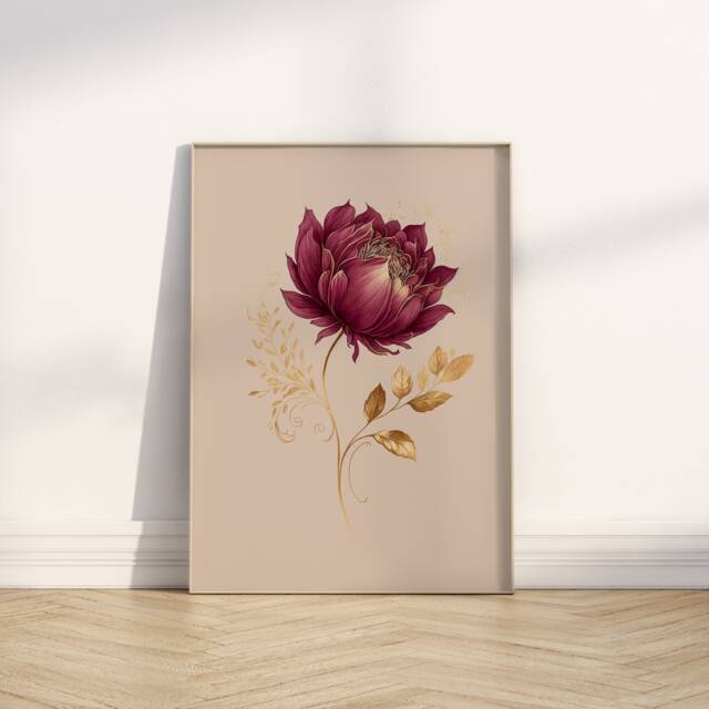 Burgundy Rose Art Print Boho Floral Watercolor With Gold Filigree - image 1